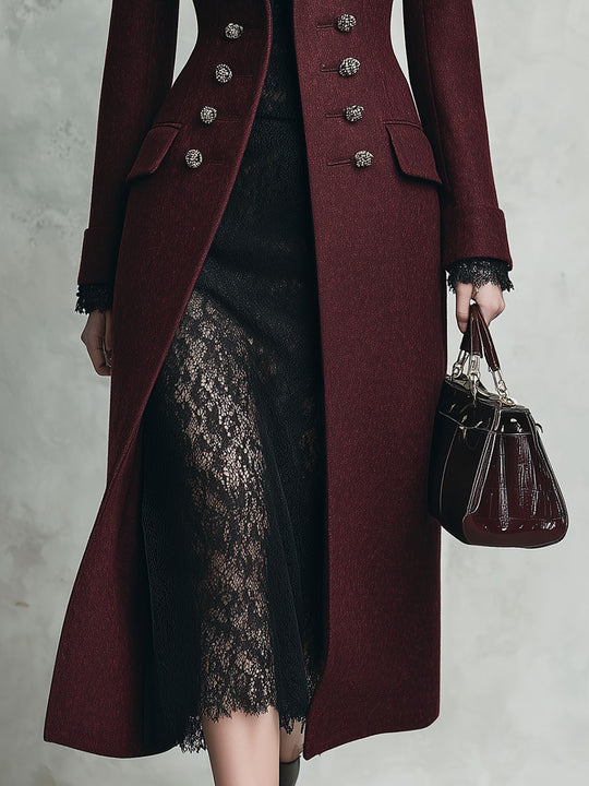 Quiet Luxury Velvet-Collar Double-Breasted Slim-Fit Mid-Length Wool Coat