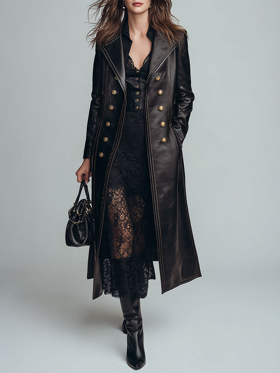 Vintage-style Lapel Collar Double-breasted Eco-leather Coat With Topstitching