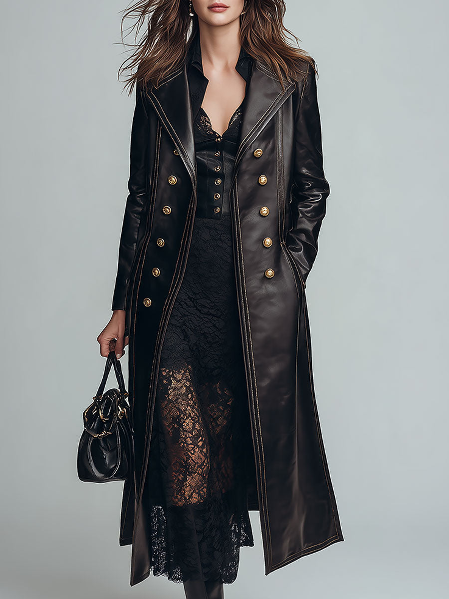 Vintage-style Lapel Collar Double-breasted Eco-leather Coat With Topstitching