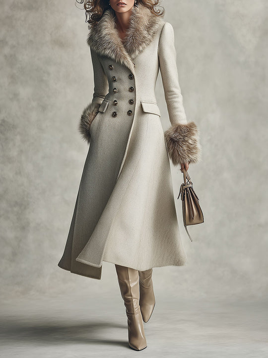 Quiet Luxury Fur-trimmed Collar Double-breasted Wool-blend Coat With Waist-cinching Fit