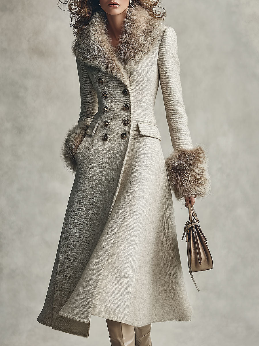 Quiet Luxury Fur-trimmed Collar Double-breasted Wool-blend Coat With Waist-cinching Fit