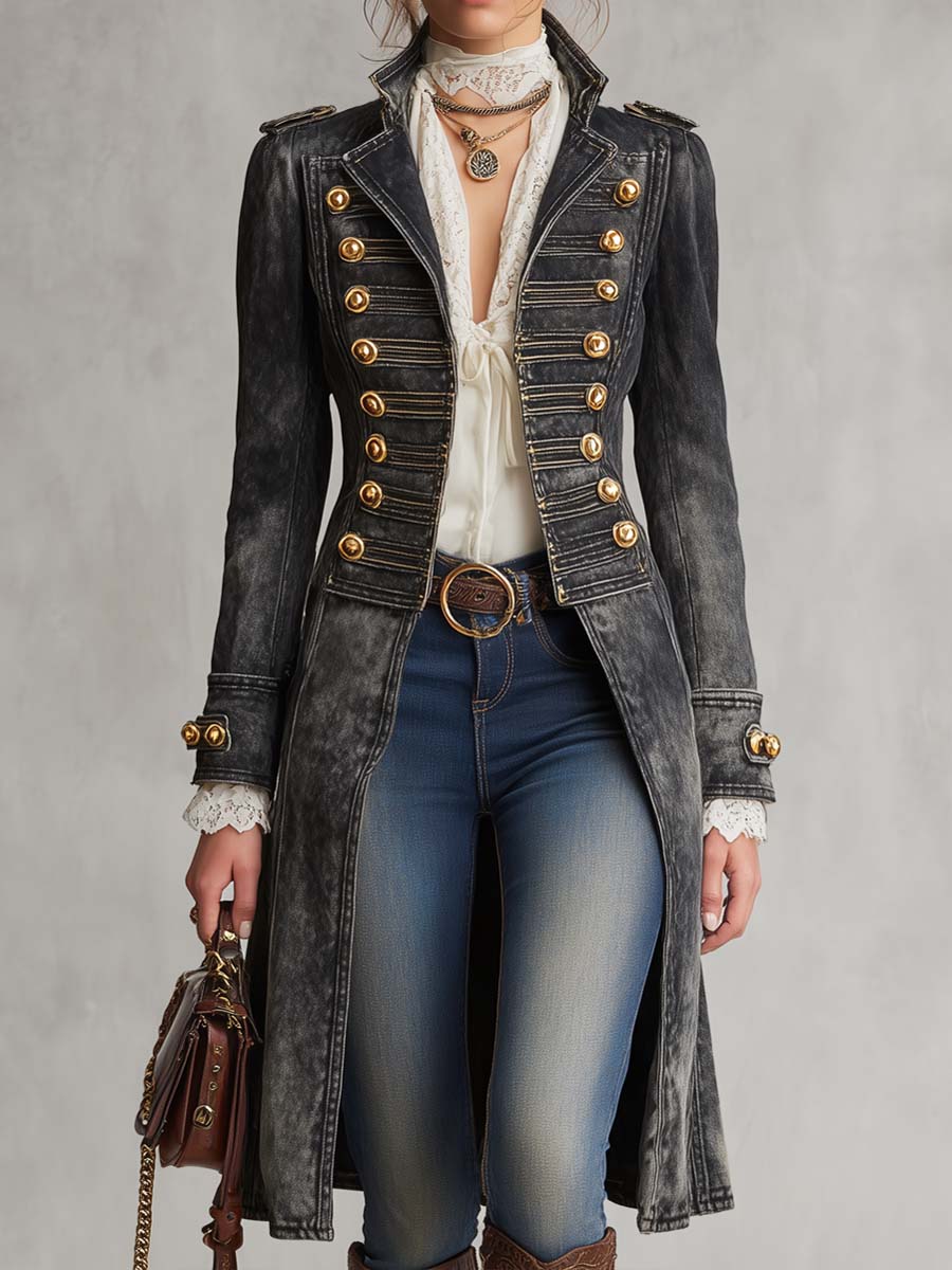 Women's Military Style Washed Denim Long Coat with Gold Buttons