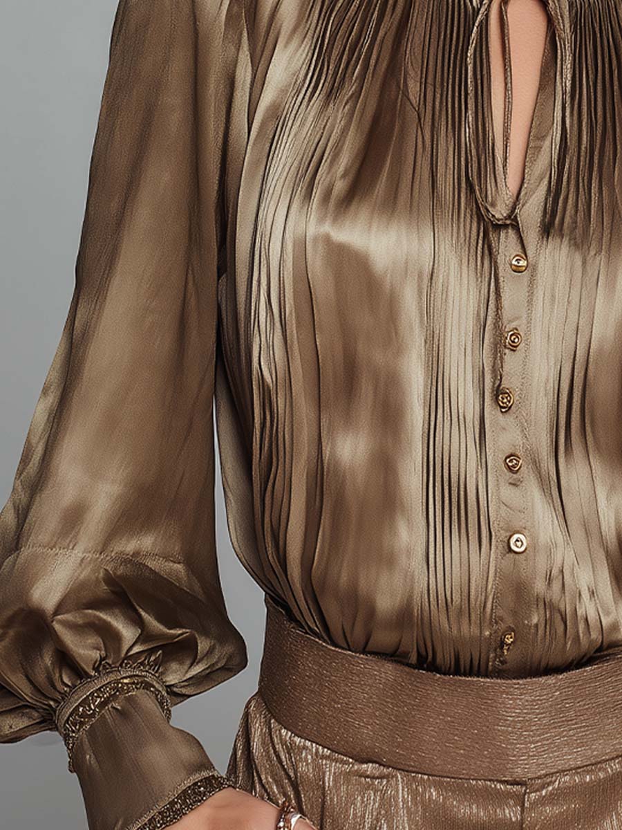 Retro-style Glamorous Satin Pleated Long-sleeved Shirt
