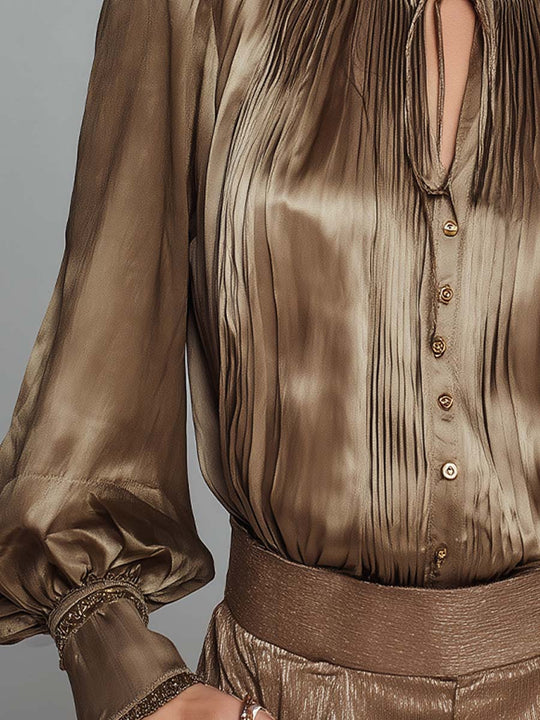 Retro-style Glamorous Satin Pleated Long-sleeved Shirt