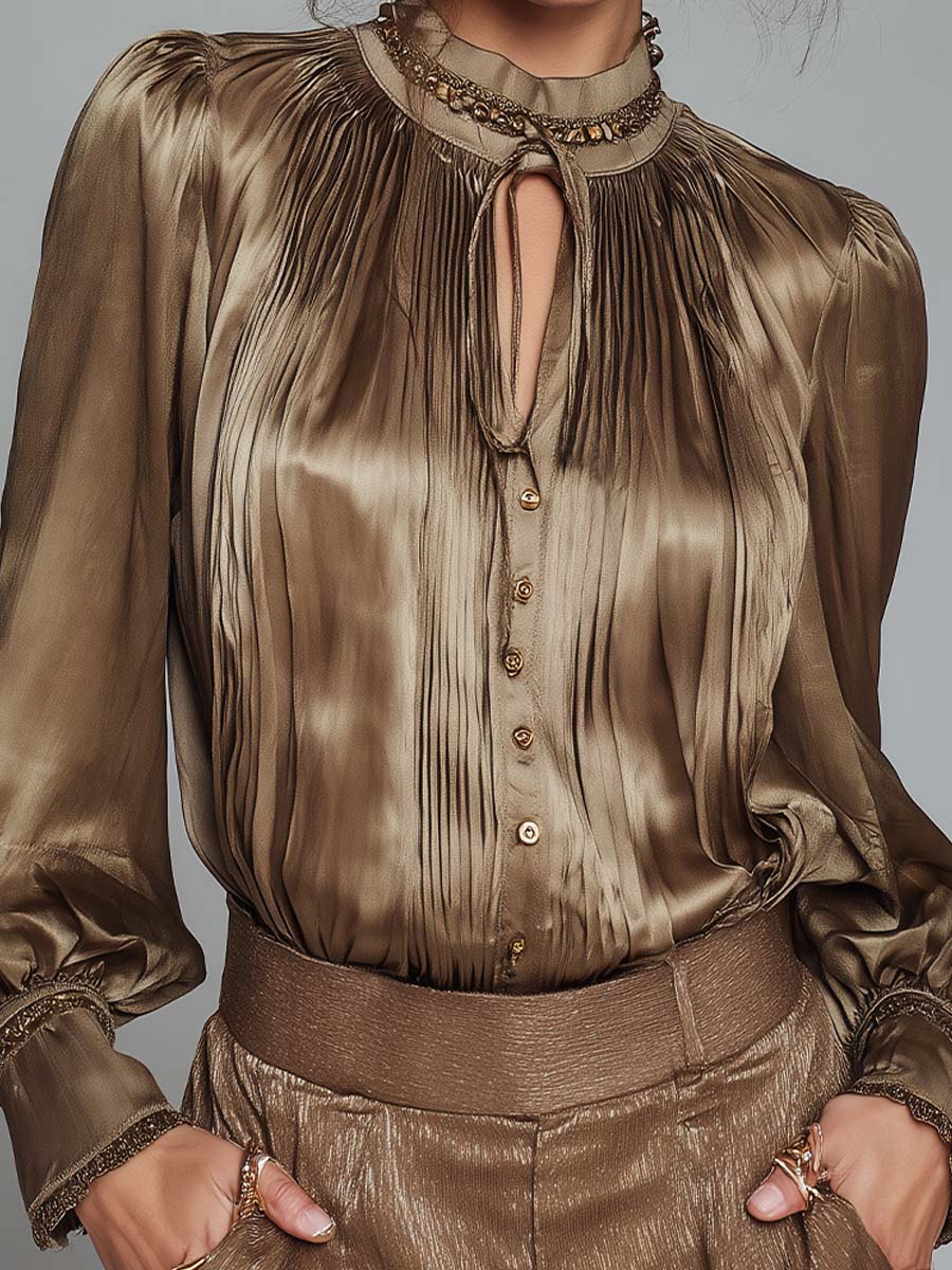 Retro-style Glamorous Satin Pleated Long-sleeved Shirt
