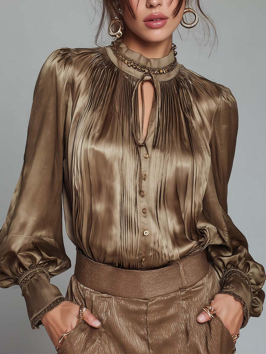 Retro-style Glamorous Satin Pleated Long-sleeved Shirt