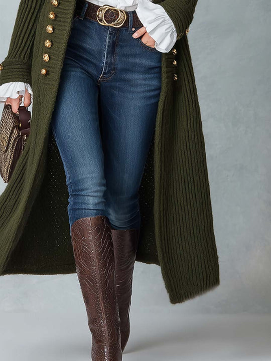 Military-style Stand Collar Knit Long Coat