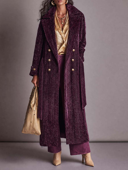 Vintage Plum Purple Chenille Herringbone Double-Breasted Longline Coat