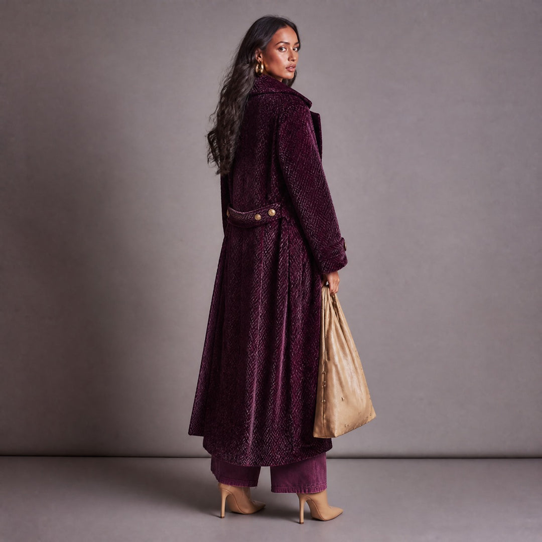 Vintage Plum Purple Chenille Herringbone Double-Breasted Longline Coat
