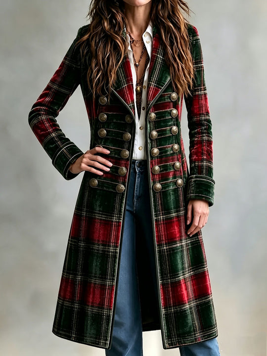 Victorian Vintage Plaid Velvet Double Row Brass Buttons Long Coat