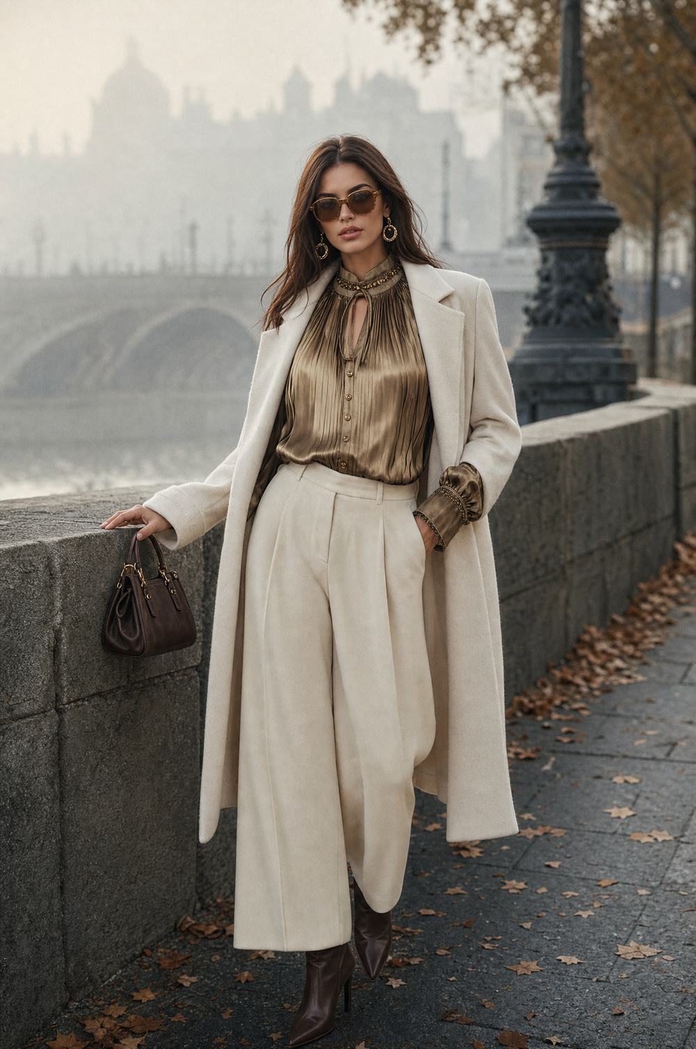 Retro-style Glamorous Satin Pleated Long-sleeved Shirt