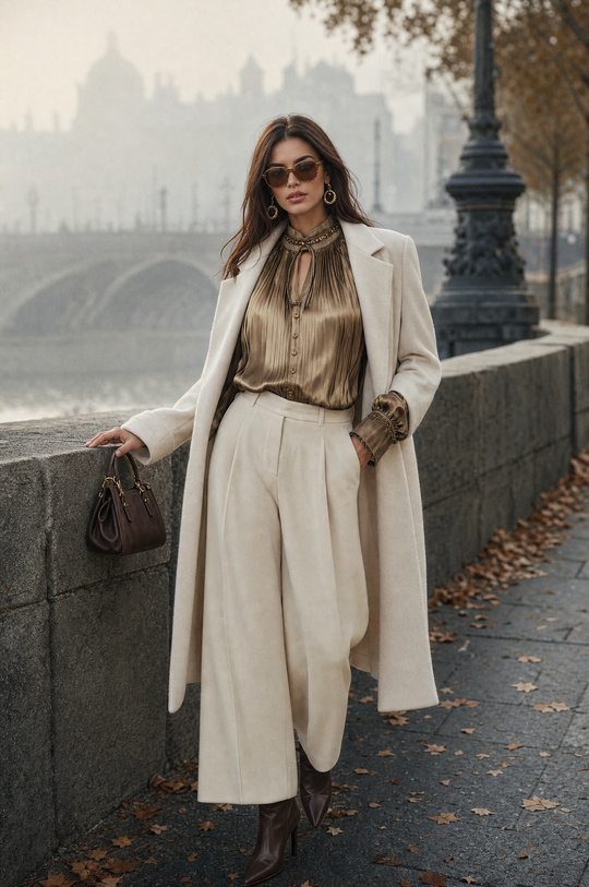 Retro-style Glamorous Satin Pleated Long-sleeved Shirt