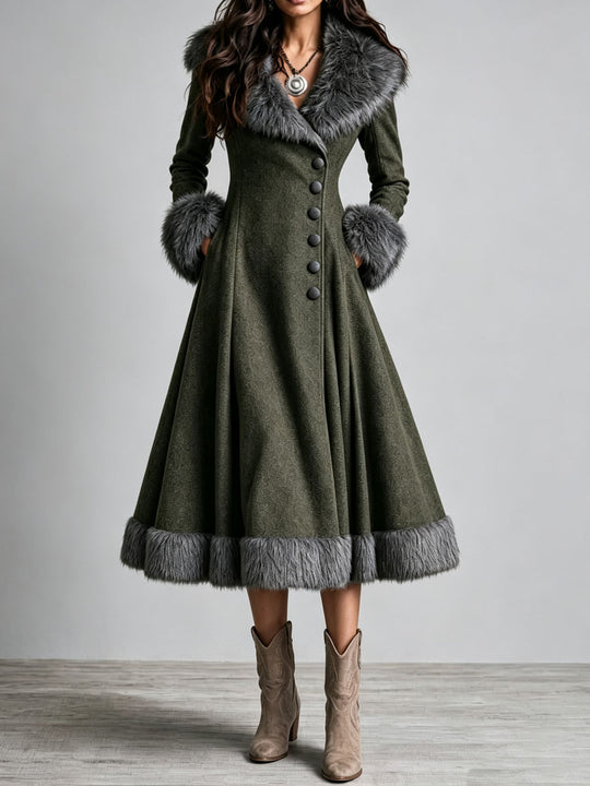 Boho Western Fur Trim Wool Fitted Waist Flare Skirt Long Dress Coat