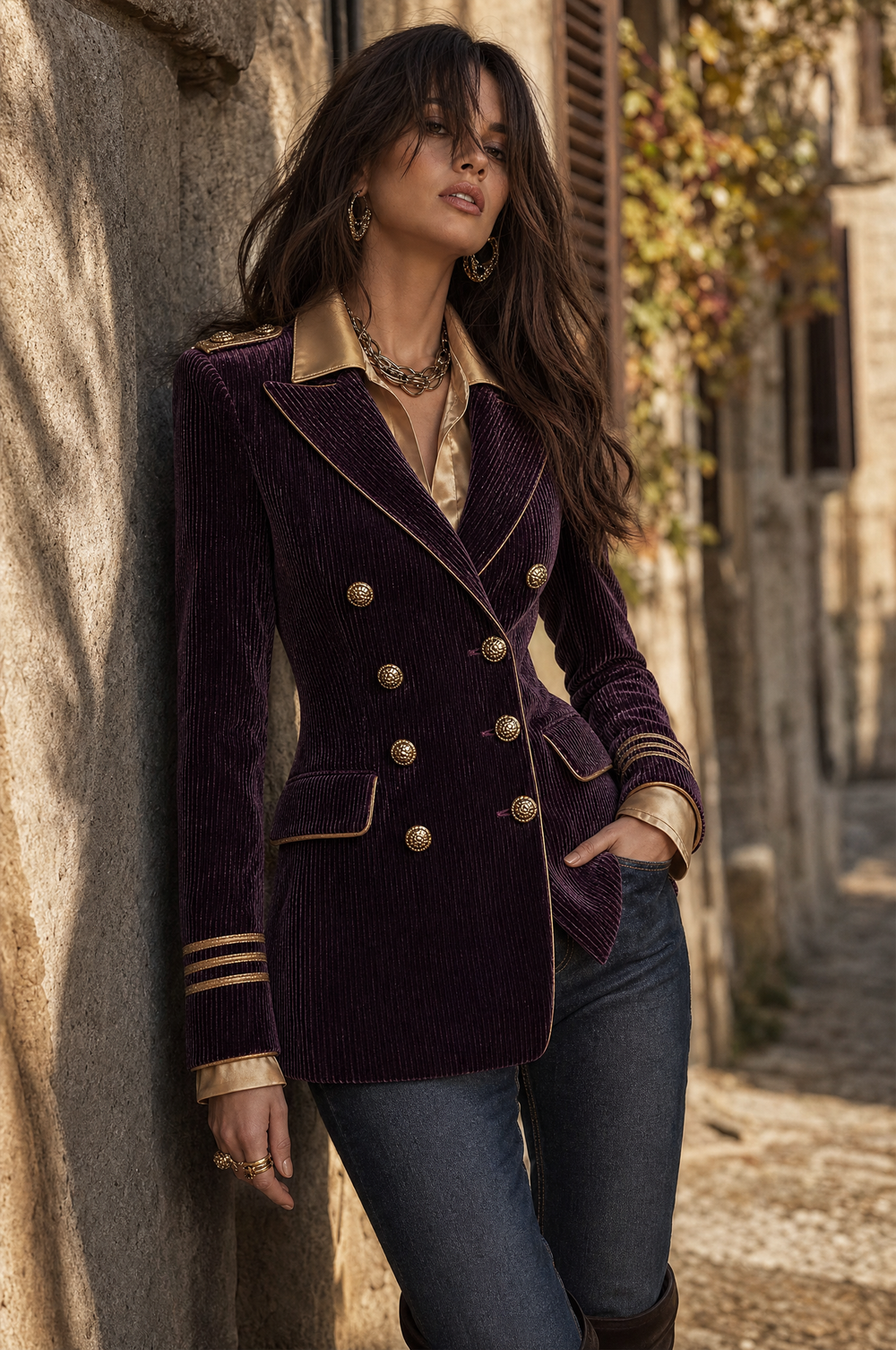 Vintage Double-Breasted Corduroy Military Blazer with Gold Trim