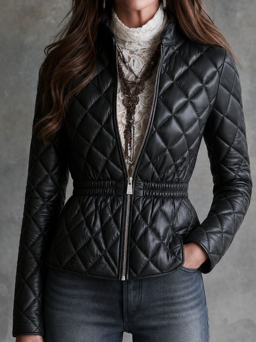 Quiet Luxury Stand Collar Diamond Quilted Faux Leather Jacket With Elastic Waist