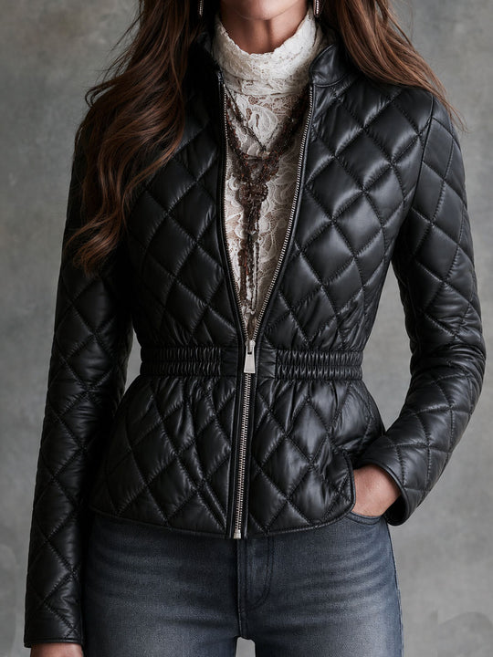 Quiet Luxury Stand Collar Diamond Quilted Faux Leather Jacket With Elastic Waist