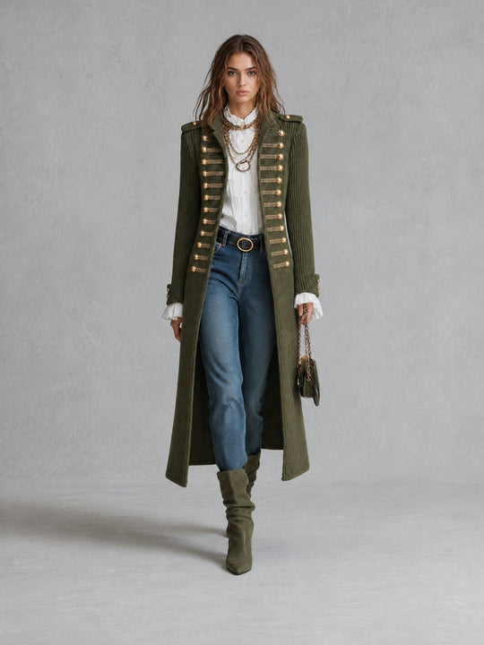 Military-style Decorative Button Knit Long Coat