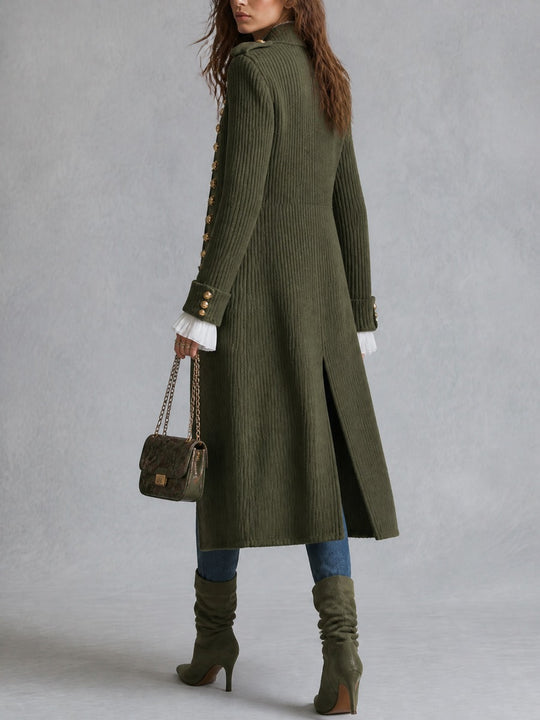 Military-style Decorative Button Knit Long Coat