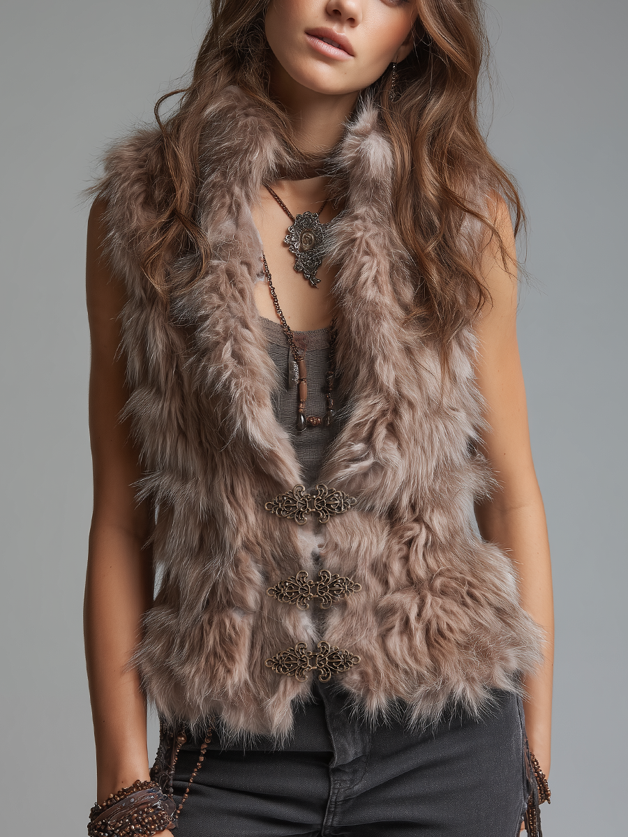 Vintage Taupe Faux Fur Metal Clasp Vest