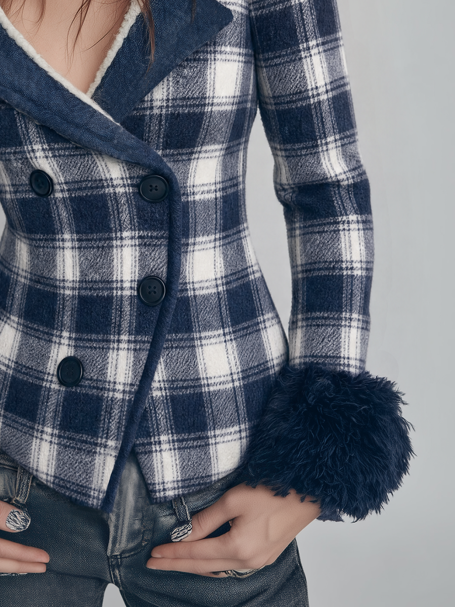 Vintage Navy Plaid Faux Fur Cuff Jacket
