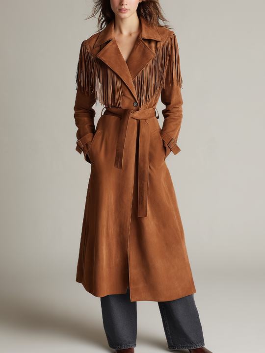 Western Cognac Fringe Belted Suede Trench Coat