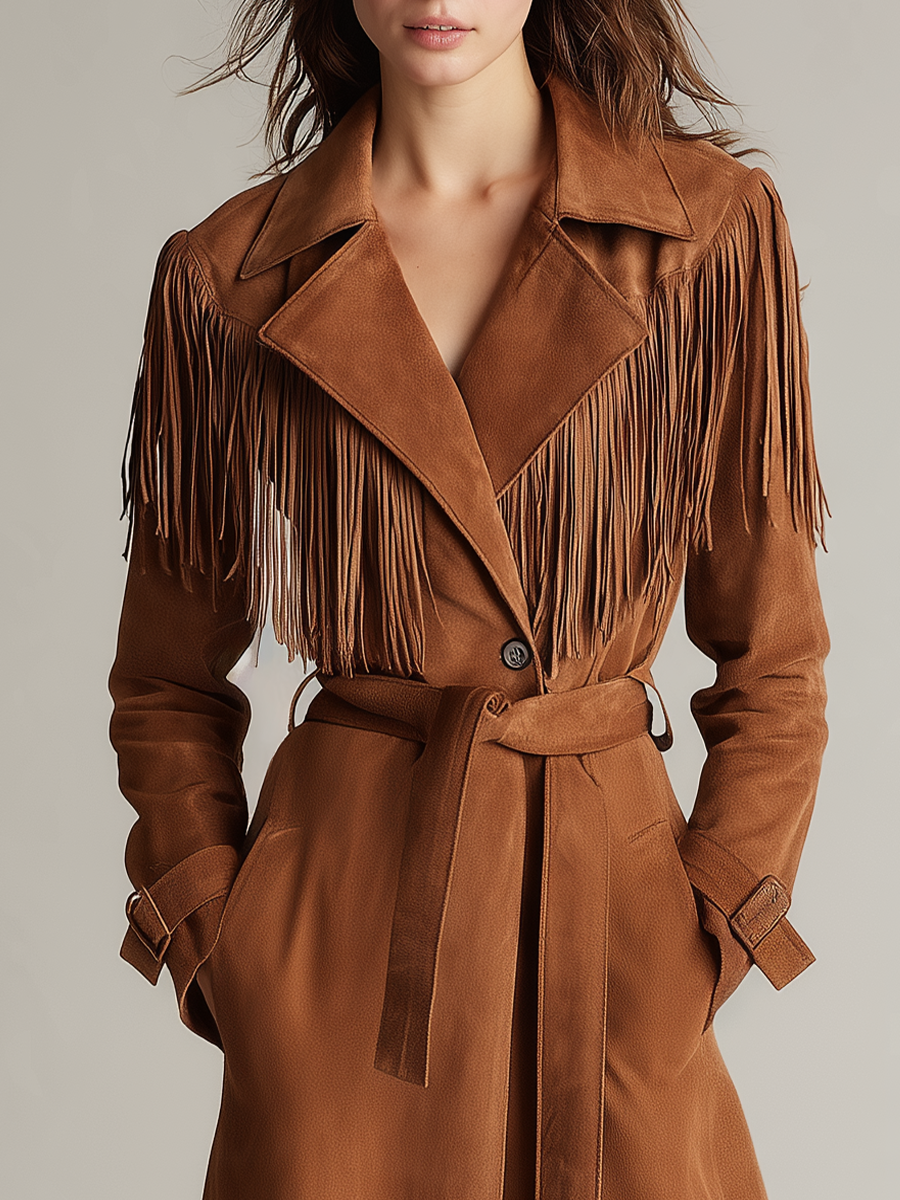 Western Cognac Fringe Belted Suede Trench Coat