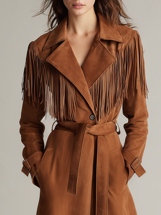 Western Cognac Fringe Belted Suede Trench Coat