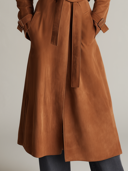 Western Cognac Fringe Belted Suede Trench Coat