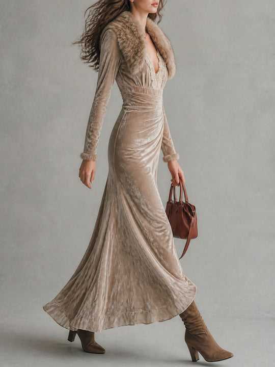 Elegant Velvet Long Sleeve V-Neck Draped Maxi Dress With Faux Fur Trim