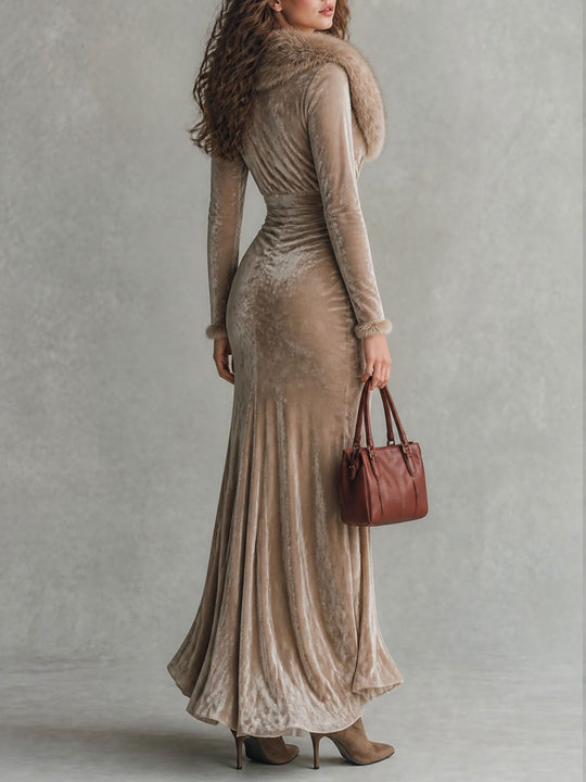 Elegant Velvet Long Sleeve V-Neck Draped Maxi Dress With Faux Fur Trim