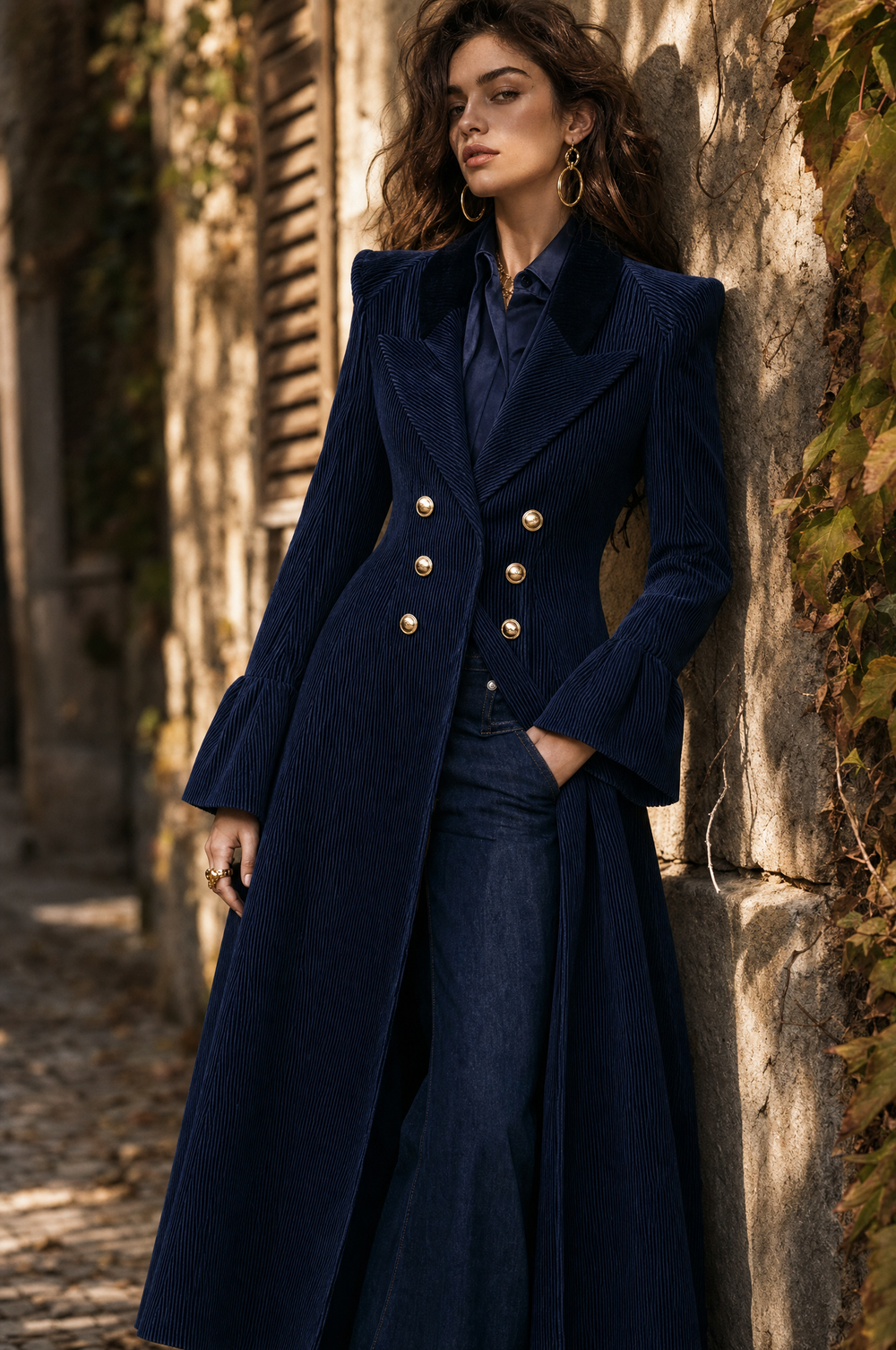 Vintage Navy Corduroy Double-Breasted Long Coat with Gold Buttons