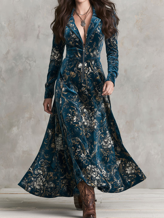 Boho Vintage Gold Floral Print Velvet Lapel Zip Front Flare Maxi Dress