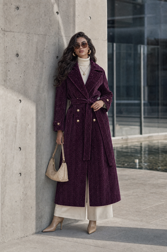 Vintage Plum Purple Chenille Herringbone Double-Breasted Longline Coat