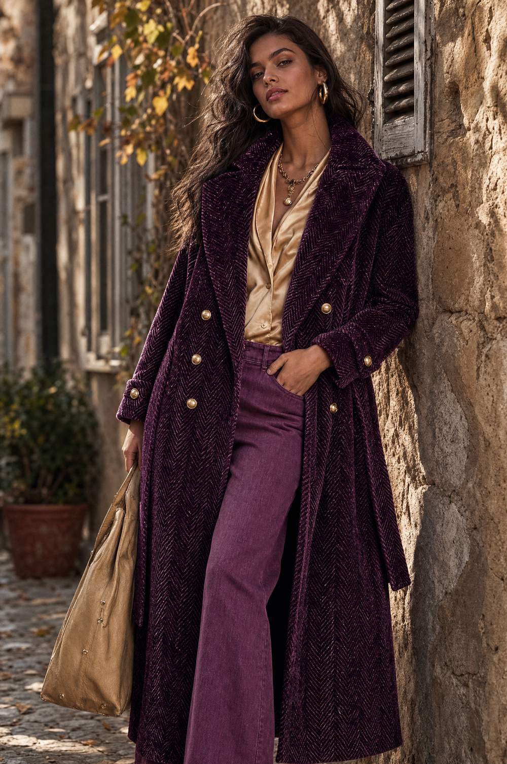 Vintage Plum Purple Chenille Herringbone Double-Breasted Longline Coat
