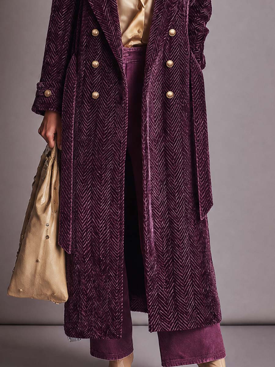Vintage Plum Purple Chenille Herringbone Double-Breasted Longline Coat