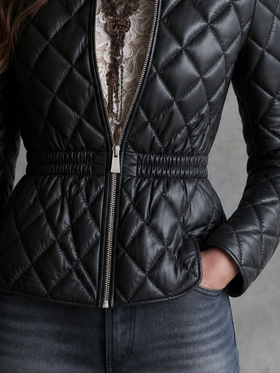 Quiet Luxury Stand Collar Diamond Quilted Faux Leather Jacket With Elastic Waist
