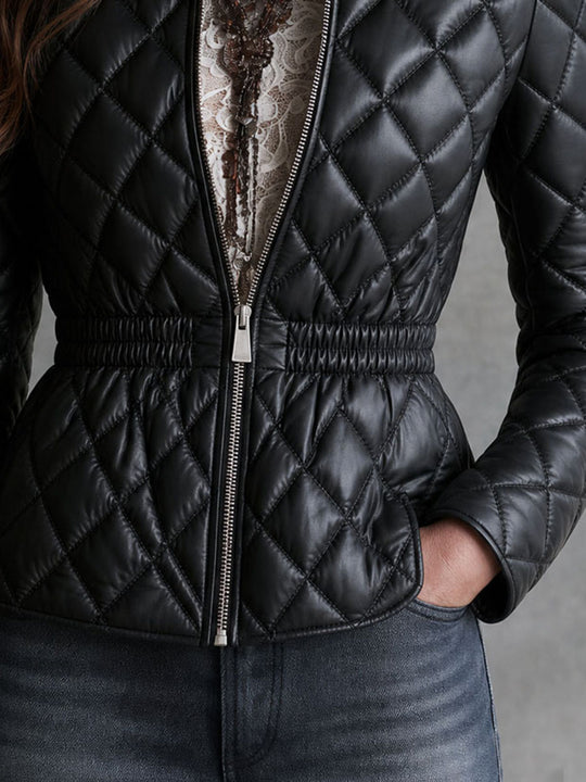 Quiet Luxury Stand Collar Diamond Quilted Faux Leather Jacket With Elastic Waist