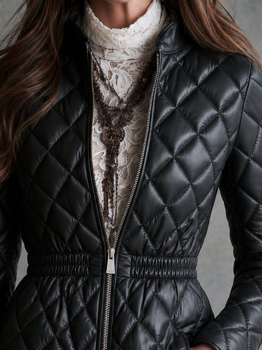 Quiet Luxury Stand Collar Diamond Quilted Faux Leather Jacket With Elastic Waist