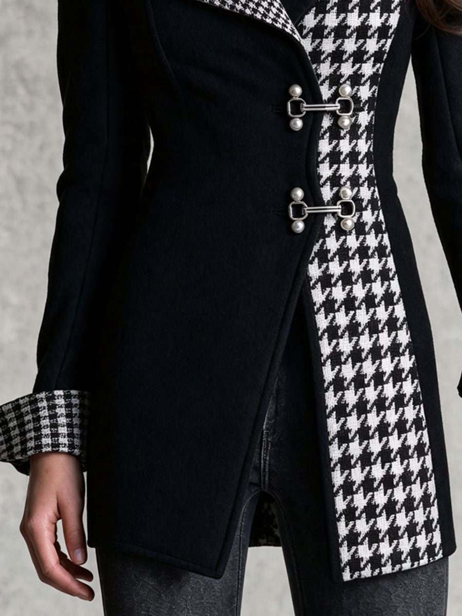 Vintage Black Wool Mid‑Length Houndstooth Lapel Buckle Jacket