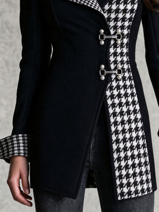 Vintage Black Wool Mid‑Length Houndstooth Lapel Buckle Jacket