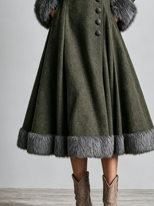 Boho Western Fur Trim Wool Fitted Waist Flare Skirt Long Dress Coat
