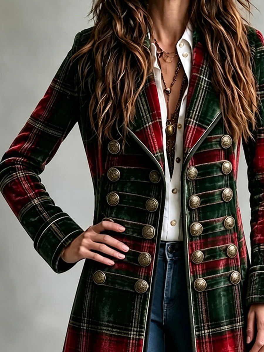 Victorian Vintage Plaid Velvet Double Row Brass Buttons Long Coat