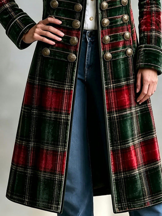 Victorian Vintage Plaid Velvet Double Row Brass Buttons Long Coat