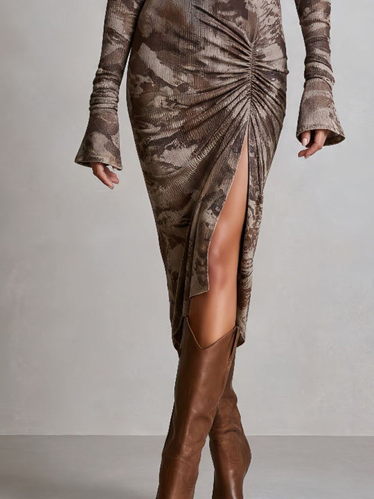 Western Boho Camo Print Ribbed Knit Dress With Ruched High Slit