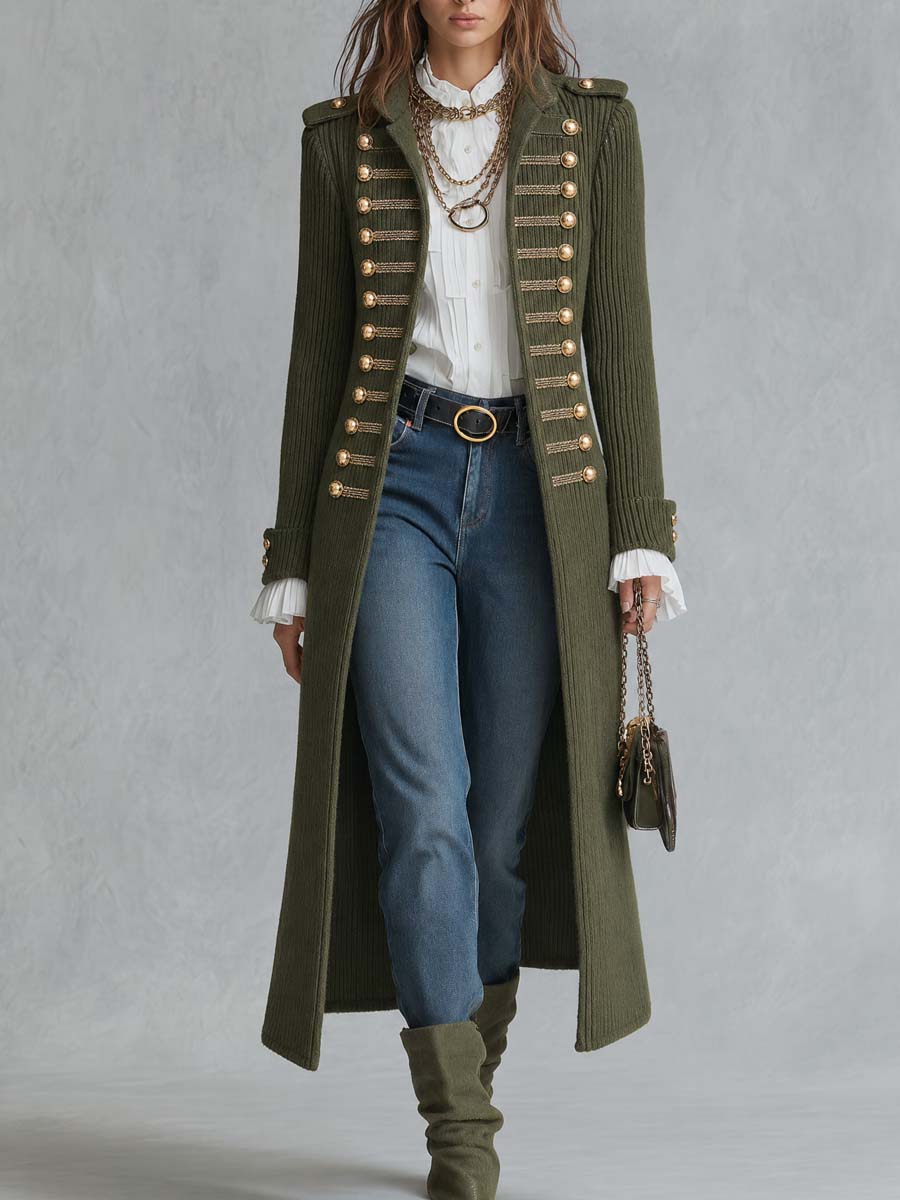 Military-style Decorative Button Knit Long Coat
