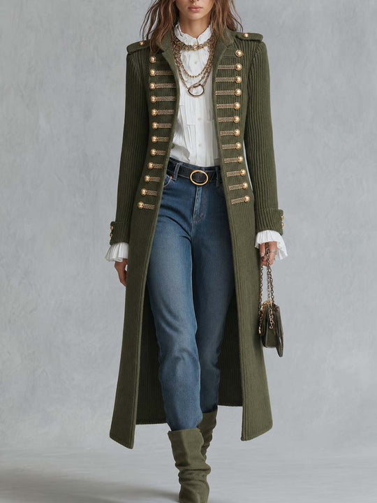 Military-style Decorative Button Knit Long Coat