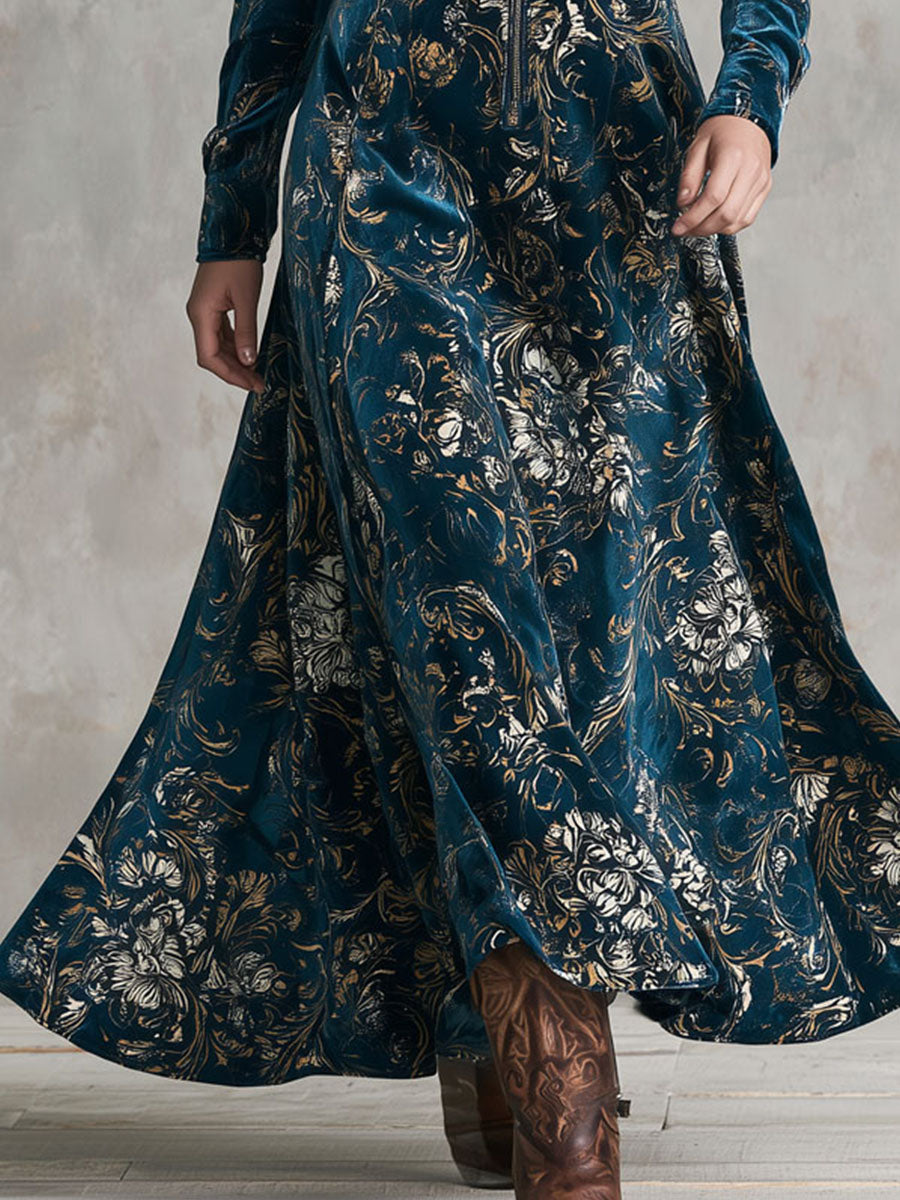 Boho Vintage Gold Floral Print Velvet Lapel Zip Front Flare Maxi Dress