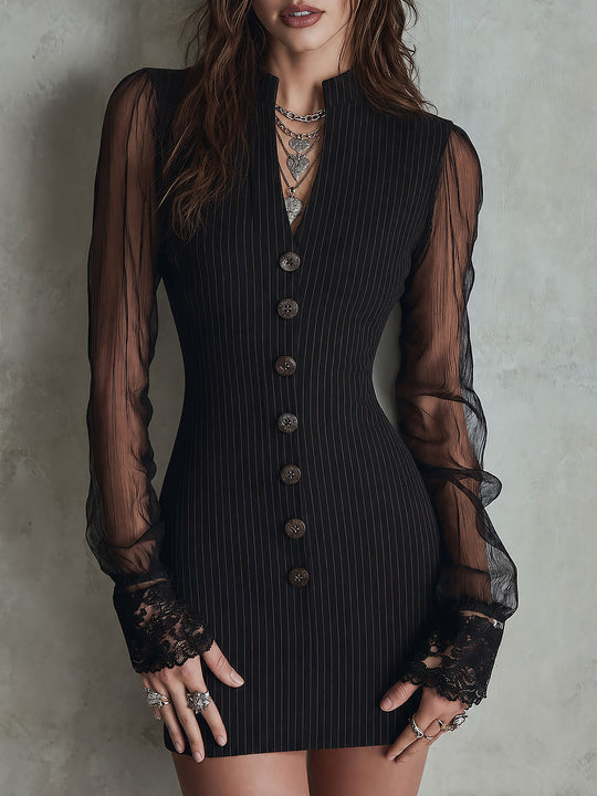 Retro Pinstripe Sheer Mesh Sleeve Button-Up Mini Dress With Lace Cuff