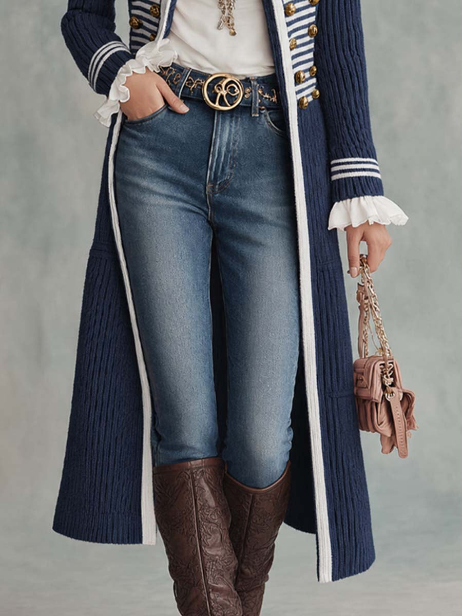 Vintage Military-style Decorative-button Knit Midi Coat