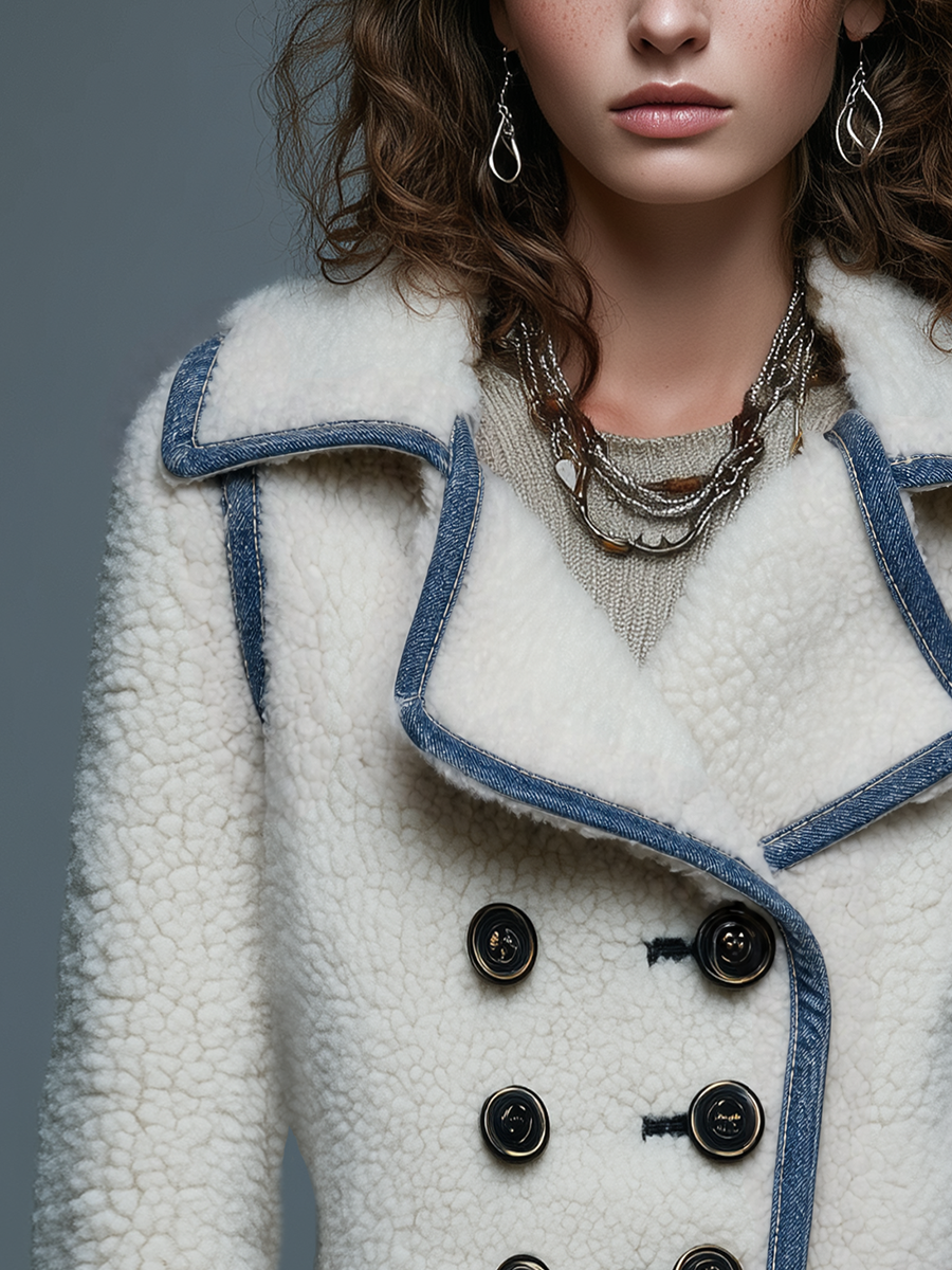 Classic Ivory Denim Trim Double Breasted Sherpa Jacket